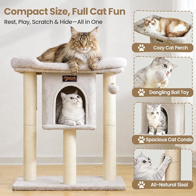 Cat Tree Tower Scratching Post for Indoor Large Adult Cats with Perch Bed | 28in Tall Small Cat Trees House with Big Perch, Condo, Toy Balls, Modern Kitten Climbing Furniture Platform, Light Gray