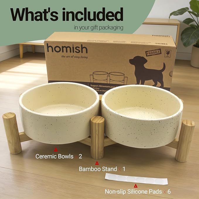 Elevated Dog Bowl & Cat Dish 27oz – Raised Ceramic Pet Food and Water Bowls with Bamboo Stand, Feeding Station for Small & Medium Pets, Prevents Neck Strain – Durable, Premium Quality by Homish