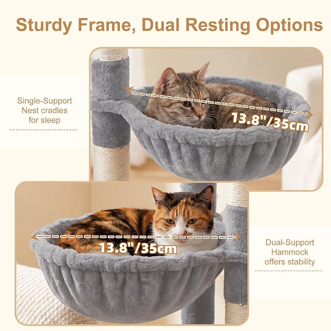 Heybly 68.1" Cat Tree with Oversized Top Platform & Wide Base HCT059W | Heavy Duty Cat Tower for Large Indoor Cats with 2 Condos, 2 Hammocks, 10 Sisal Scratching Posts, Stable Cat House, Light Gray