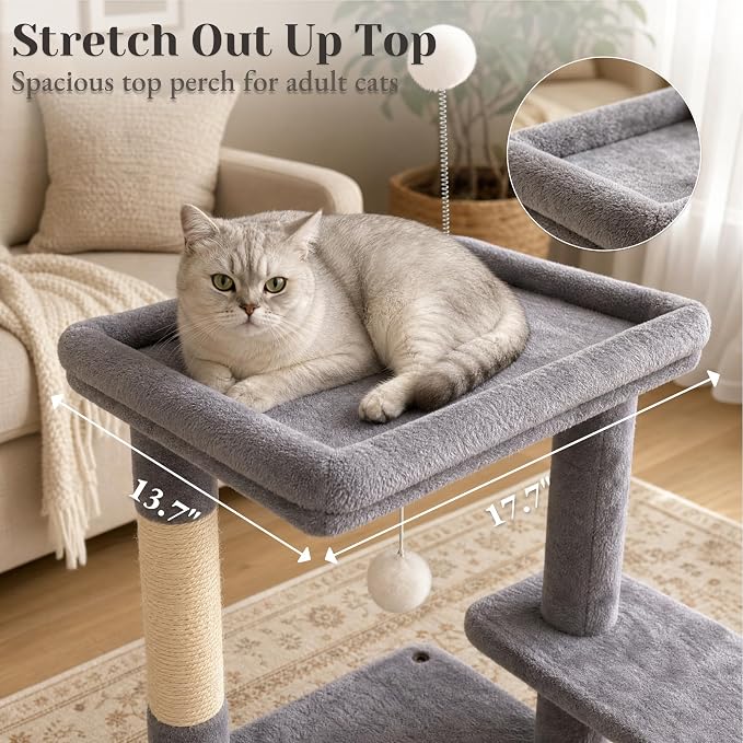 baoheDC 53" Cat Tree for Indoor Cats, Multi-Level Cat Tower with 3 Cozy Cat Condos, Large Top Perch, Sisal Scratching Posts & Climbing Steps, Space-Saving Cat Furniture for Apartments, Grey