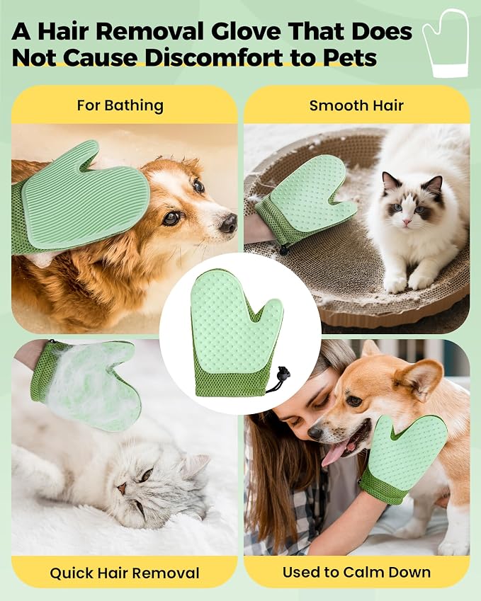 Carpet Rake for Pet Hair Removal Tool - 4 in 1 Pet Hair Remover Kit for Dog Cat Fur Remover, Contain 60" Adjustable Rubber Broom, Glove, Magic Brush and Scraper for Furniture (Black)