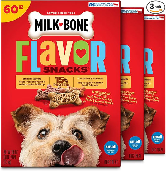 Milk-Bone Flavor Snacks Small Dog Biscuits, 60 oz Boxes | 3-pack bulk case, 5 meaty flavors with other natural flavors, crunchy dog treats, 15% protein, 12 vitamins, made in the USA