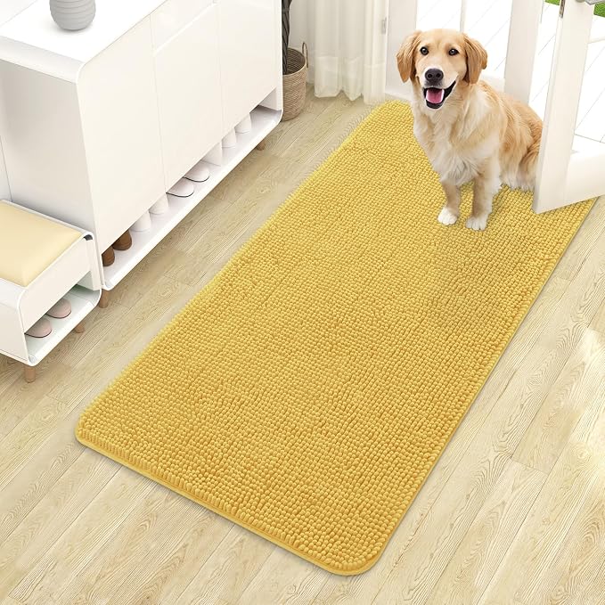 OLANLY Dog Door Mat for Muddy Paws 44x24, Super Absorbent Chenille Mud Mat | Yellow, Absorbs Moisture and Dirt, Non-Slip Machine Washable Doormat, Quick-Drying Indoor Entryway Floor Carpet for Dogs