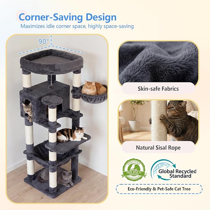 Heybly 53.1" Corner Cat Tree for Large Cats – Interactive Play HCT029G | Sturdy Cat Tower with Cozy Cat Condo, Fan-Shaped Top Perch, Basket, Hammock & Solid Base, Smoky Gray