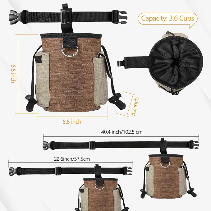 ondware Dog Treat Pouch with Waist Belt, Clicker & Poop Bags | Waterproof oxford fabric, drawstring closure, 3.6-cup capacity, adjustable 22.6–40.4 in belt, for training and walks