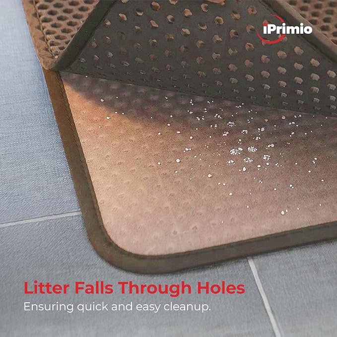 iPrimio Cat Litter Trapper Mat, Waterproof, Double Layer, 23" x 21", Brown | Double layer honeycomb traps scattered litter while the waterproof base blocks urine. Soft on paws and empties in one pour.