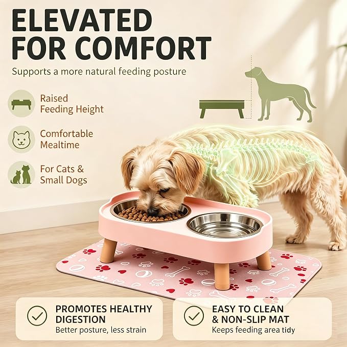 Elevated Dog Bowls with Mat, 2 Stainless Steel for Small Dogs Under 25 Lb | Raised Bowl Stand, Food & Water Set for Cats & Puppies, Splash Proof, Dishwasher Safe, Stain-Resistant Quick-Dry Mat
