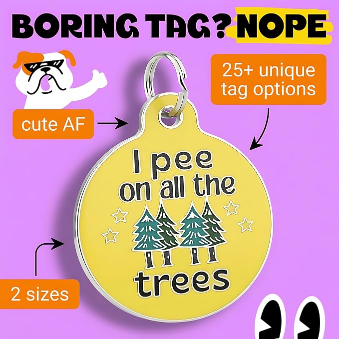 Bad Tags Personalized Dog and Cat ID Tags in 25+ Designs and 2 Sizes - 5 Lines of Custom Engraved Text - Funny Cute Personalized Pet Tags (I Pee On All The Trees, Large (1.25 inch))