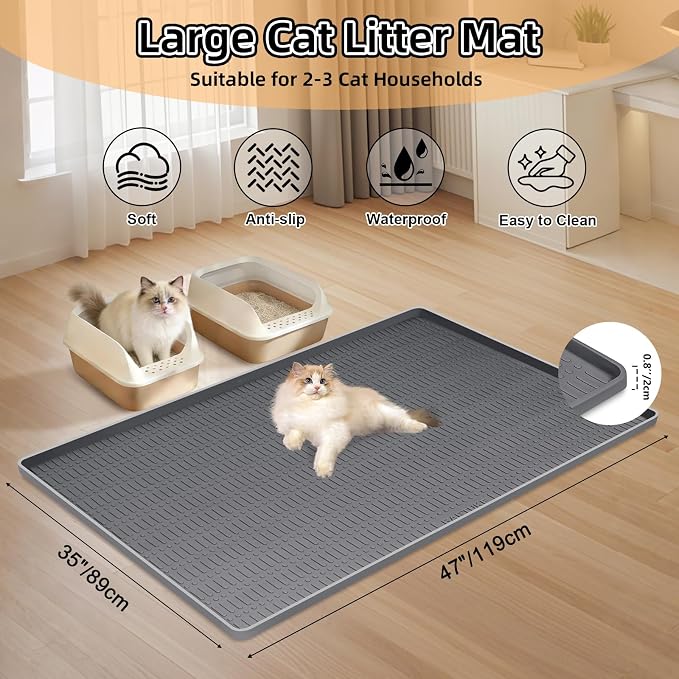 Silicone Cat Litter Mat 47" x 35" Cat Mat for Litter Box, Dark Grey | Extra Large Cat Litter Trapping Mat for Floor, Waterproof, Non-Slip Kitty Litter Box Mat with Raised Edge, Easy to Clean