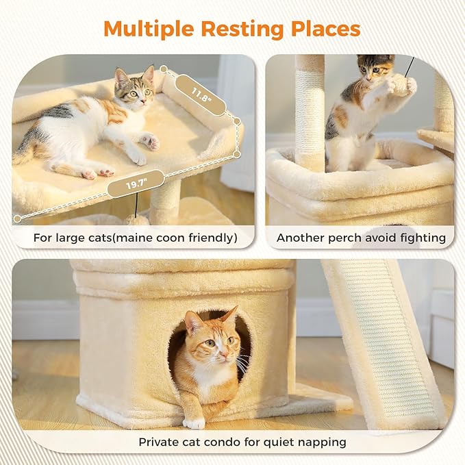 PEQULTI Cat Tree for Small Medium Cats, Beige Cat Tower for Indoor Cats | Beige aesthetic cat furniture with soft perch, private condo, natural sisal scratch post for indoor small medium kittens