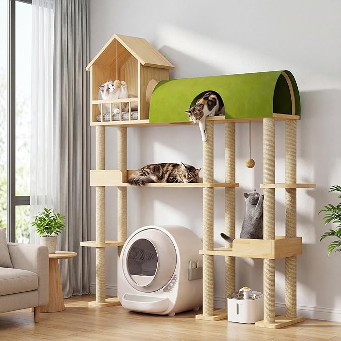 60'' Cat Tree for Automatic Litter Box, for Heavy Cats up to 22lbs | Solid Wood Large Cat Tower with Tunnel & House, Space-Saving for Indoor Multi-Pet Households, Stops Furniture Scratching