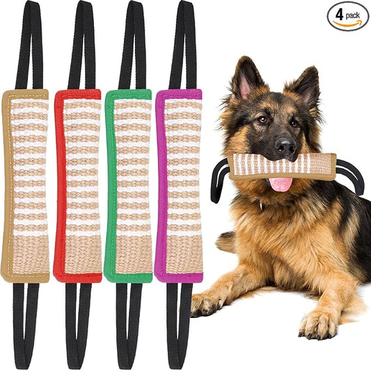 Kacctyen 4 Pcs Dog Tug Toys, Jute Pillow Pull Toy with 2 Strong Handles Tug of War Interactive Play Puppy Training Equipment for Medium to Large Dogs, 4 Colors(Stylish Color)