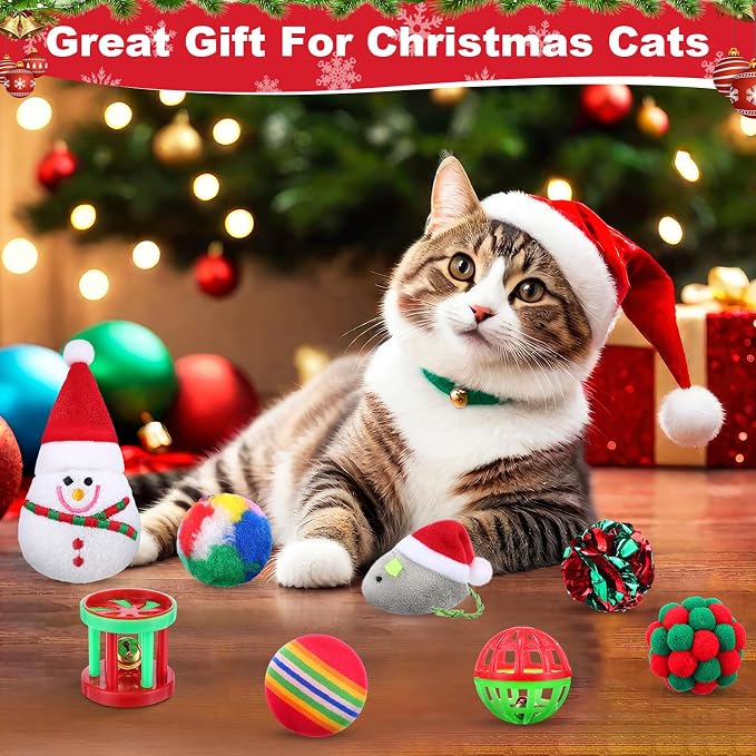 Soulchen 11 Pcs Christmas Cat Toys Stocking Gift Holiday Catnip Interactive Cats Toy Gift Set with Santa, Snowman, Plush Balls, Crinkle Mice, Variety Pack for Indoor Cats, Pet Stocking Present