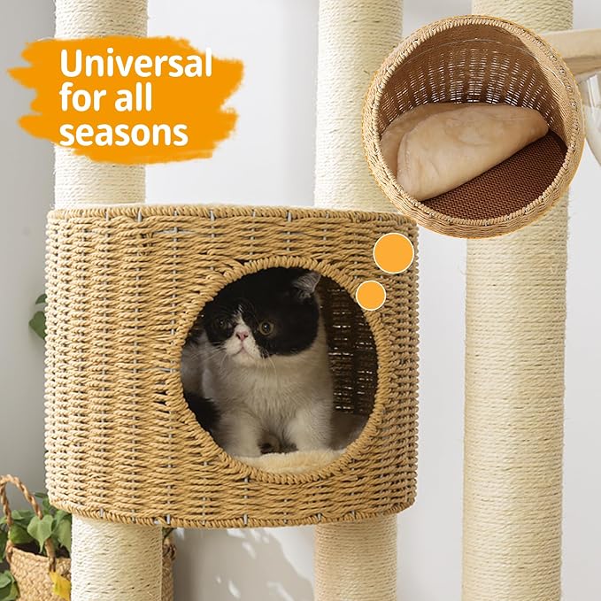 SHODMI 58-Inch Modern Multi-Level Cat Tree Tower for Large Indoor Cats | 8 cm thick sisal posts, semi-enclosed cat condo, clear space capsule, handwoven basket, replaceable plush and cooling mats