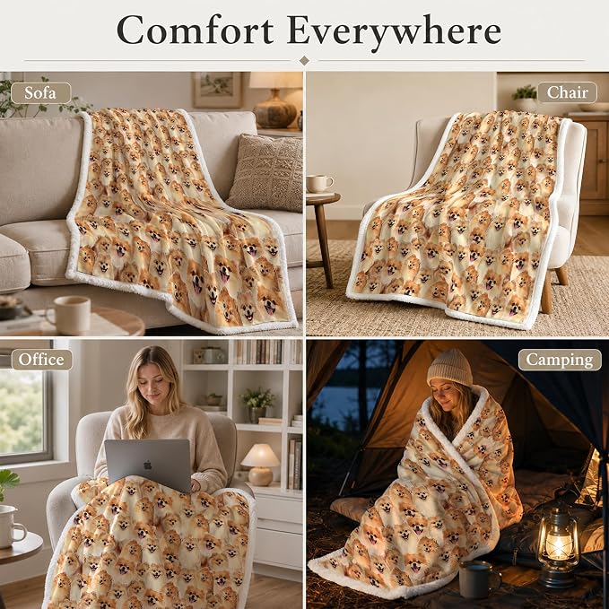 BlessLiving Pomeranian Golden Throw Blanket with Dense Dog Patterns Sherpa Fleece Blanket Couch Bed, Soft Cozy Warm Pet Blankets for Puppy Lovers Cute Animal Print Gift 60x80 Inches