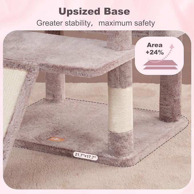 Heybly Tall Cat Tree for Large Cat, 80-inch Multi-Level Cat Tower HCT038MU | Condo Furniture for Indoor Cats with Large Baseboard, 2 Widened Plush Perches, Scratching Board, Big Caves, Rosy Brown