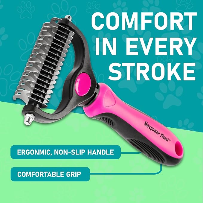 Maxpower Planet Hair Brush - Double Sided Shedding, Dematting Undercoat Rake for Dogs, Cats - Extra Wide Dog Grooming Brush, Pink