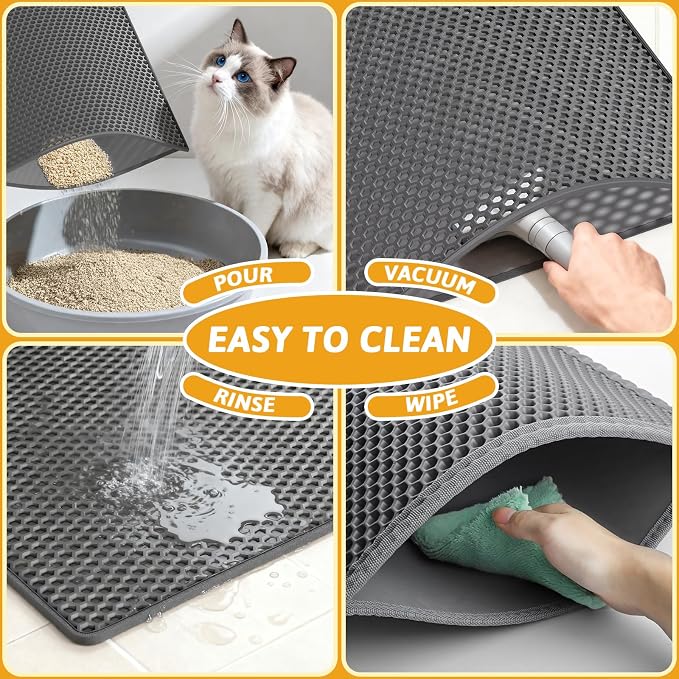 Pieviev Double Layer Cat Litter Mat Traps Scattered Litter 24''x15'' 2 Pack | Waterproof Urine Resistant Layer Litter Box Mat, Easy Collection, Soft on Kitty Paws, Gray Color for Indoor Cats
