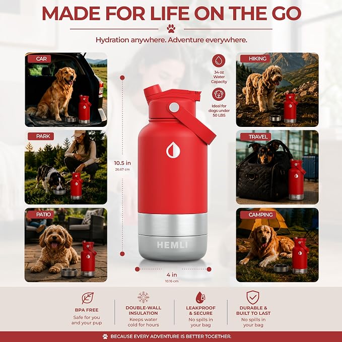 32 oz. Dog Water Bottle, Insulated Dog Travel Water Bottle, Stainless Steel Pet Water Bottle Dispenser Portable Food and Water Bowl for Dogs for Walking Dog Canteen Travel Kit