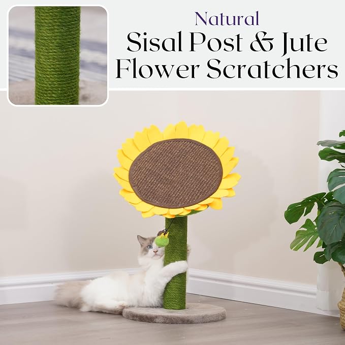 Catry Sunflower 2-in-1 Cat Scratching Post with Convertible Bed & Bee Toy | Aesthetic Sunflower Cat Scratcher with Replaceable sisal Post and Adjustable Flower Pad Ideal for Small to Medium Cats