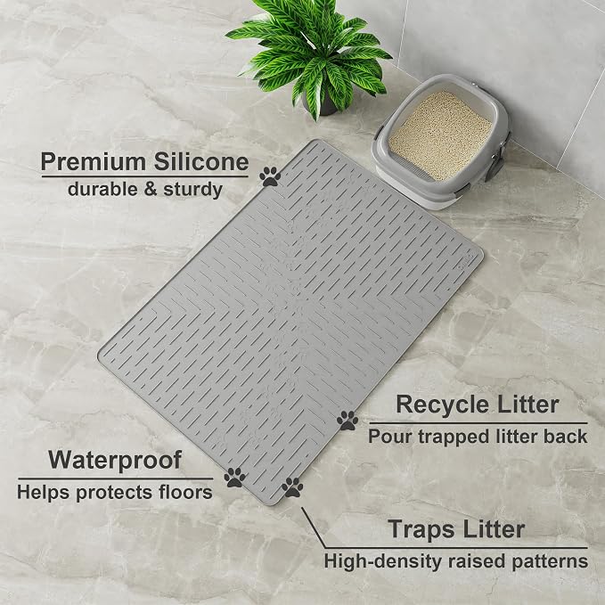 OHMO XL Cat Litter Mat, 37.5x25.2 Silicone Trapping Mat Grey | for Kitty Litter Box, Easy Clean, BPA Free Rubber, Center Litter Collection, Easy Pour-Back, Waterproof, Odor-Resistant