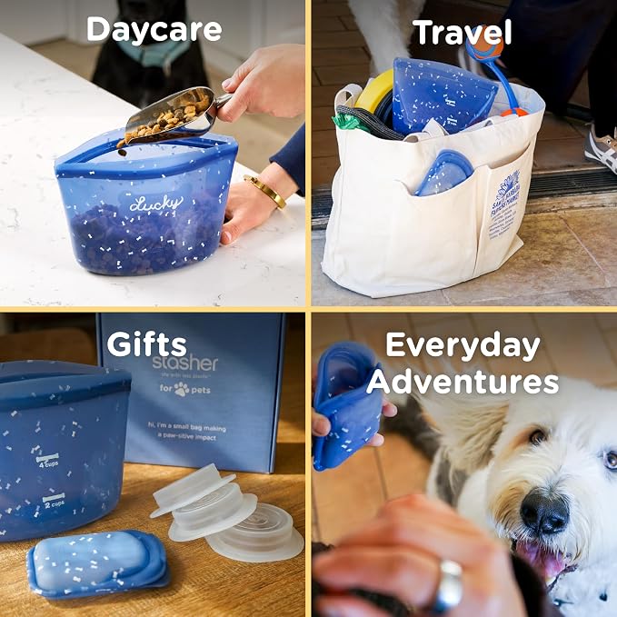 Stasher Pet Reusable Food Storage Puppy Essentials Kit, 4-Cup Dog Travel Bag, Treat Bags & Dog Food Can Lids, Airtight Seal, Food Grade Silicone, Freezer & Dishwasher Safe, Dog Gift
