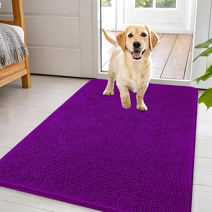 OLANLY Dog Door Mat for Muddy Paws 44x32, Super Absorbent Chenille Mud Mat | Purple, Absorbs Moisture and Dirt, Non-Slip Machine Washable Doormat, Quick-Drying Indoor Entryway Floor Carpet for Dogs