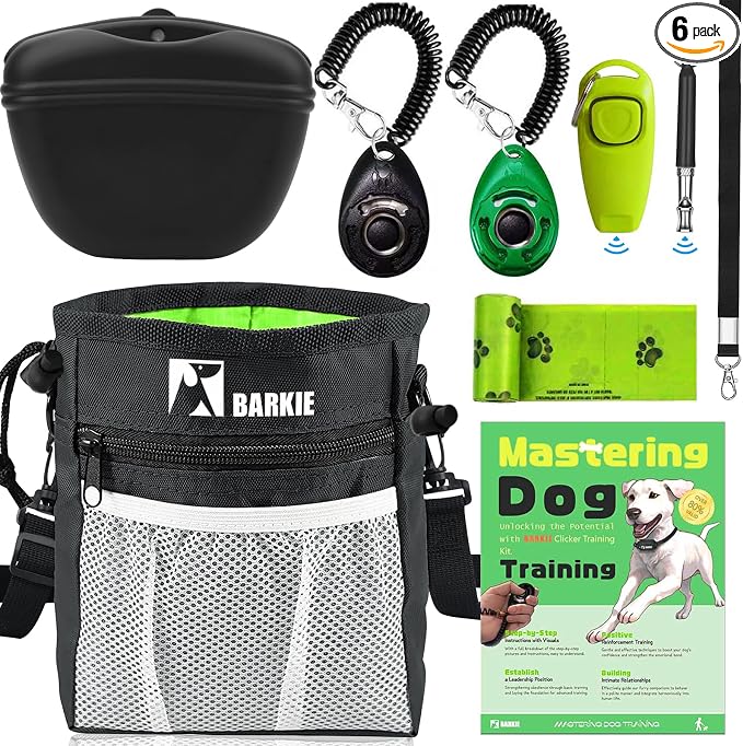 BARKIE Dog Training Kit - Treat Pouch, Pet Training Fanny Pack, 2 Puppy Training Clickers, Ultrasonic Silent Whistle, 2-in-1 Whistle Clicker, Clicker Training Guide Booklet, Dog Poop Bag (Black)