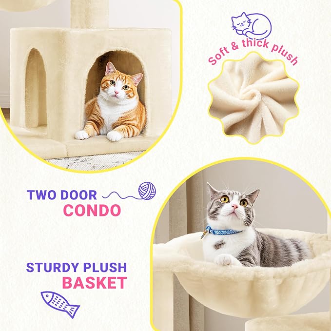 Allewie 29.5in Indoor Cat Tree, Multi-Level Cat Tower with Sisal Scratching Posts, Padded Perch, Basket, Condo, and Hanging Ball, Suitable for Kittens and Adult Felines,Beige