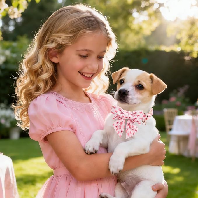 DOGWONG Valentine Dog Collar with Bow, Metal Buckle Adjustable Pink Bowtie Cute Girl Dogs Collars Pet Valentine Collars for Small Dogs, S