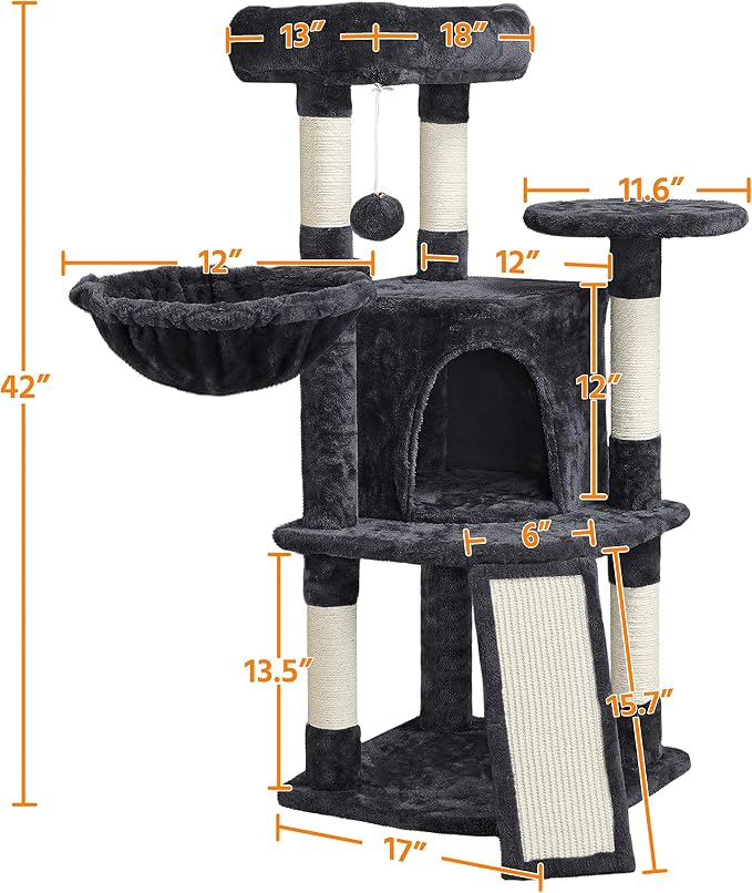 Topeakmart 42in Cat Tree Tower for Indoor Cats, Cat Condo with Perch & Hammock, Activity Center, Multi-Level Cat Furniture with Scratching Posts, Cat House, Black