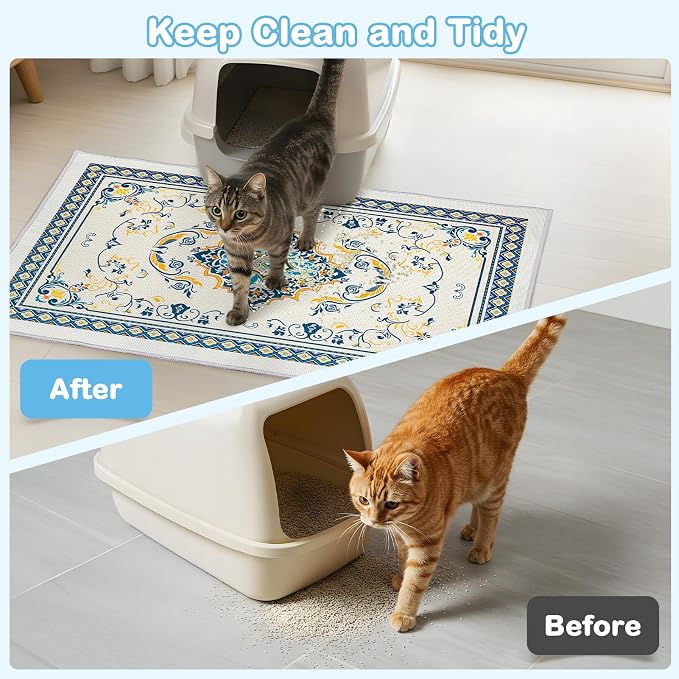 2 Pack Washable Cat Litter Mat 48"x36" Waterproof Trapping Pad | Kitty Litter Box Mat Featuring A Non-Slip Base And Decorative Design To Trap Scatter For Home Floor Protection