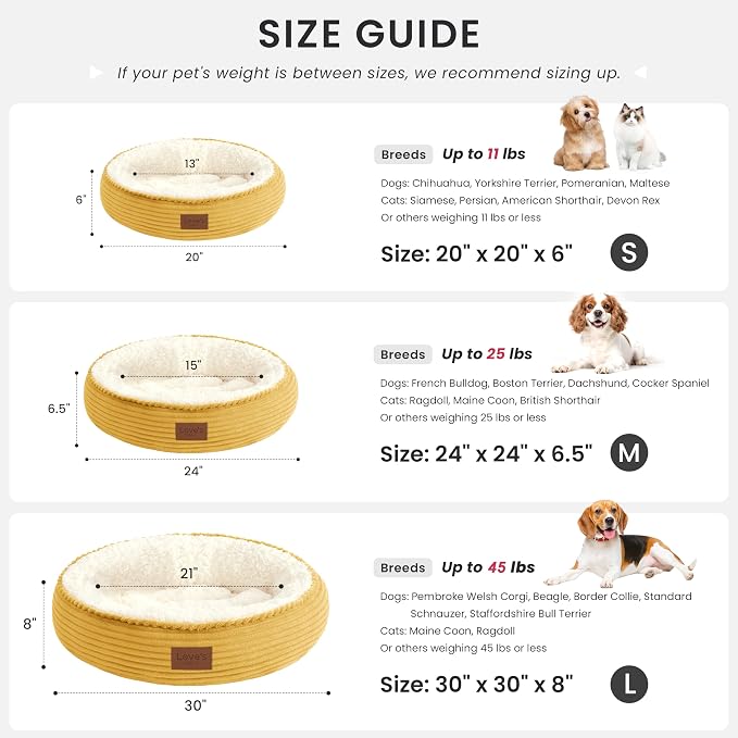 Love's cabin Round Donut Cat and Dog Cushion Bed, 30in Pet Bed for Medium or Large Dogs, Anti-Slip & Water-Resistant Bottom, Soft Durable Fabric Pet Beds, Washable Calming Cat Bed, Yellow
