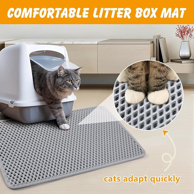 Double Layer Cat Litter Mat, Waterproof Non-Slip, 24 x 15 Inch | Honeycomb litter trapping, EVA soft paw-friendly material, urine-resistant layer, easy shake or rinse clean