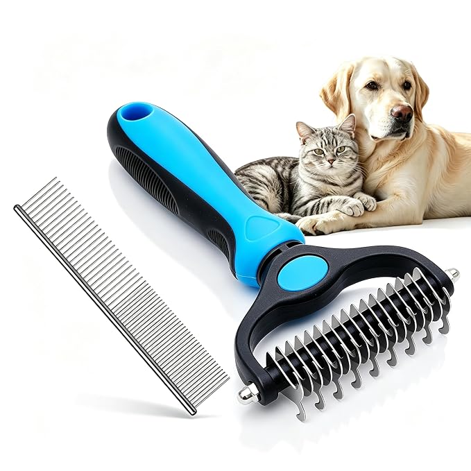 2-In-1 Pet Grooming Brush, Dog Brush for Shedding with Bonus Metal Comb | Rounded-Tooth Comb Double Sided Brush with Varied Spaced Teeth for Efficient Removing Knots and Loose Hair