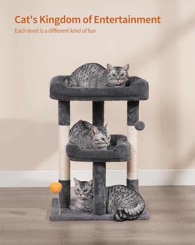 27.6-Inch Cat Tree, Cat Tower for Indoor Cats, Cat Condo for Large Cats, Small Cat Tree with Scratching Post, Toy Balls, for Kittens, 2 Soft Platform, Dark Gray