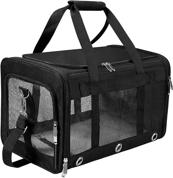 Soft Sided Cat/Dog Carrier,Collapsible Pets Travel Carriers for Pet/Puppy with Shoulder Strap & Removable Mat,Mesh Top Load Small Dogs/Cats Carry Bag Up to 17 Lbs TSA Airline Approved（Black,M）