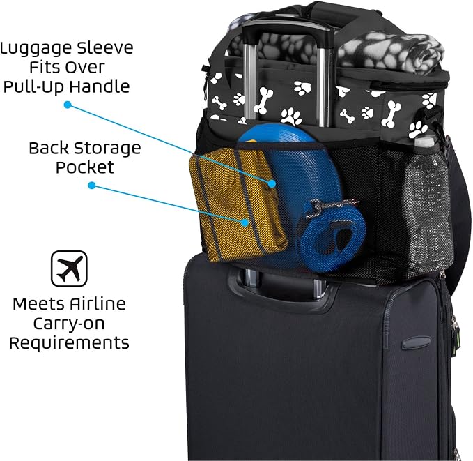 Week Away Dog Travel Bag (15"x7"x14", Paw Print) - Includes 2 Pet Food Storage Containers + 2 Collapsible Dog Water Bowls - Airline Approved Travel Accessories, Great for Weekend Trips