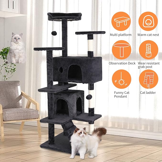 BestPet | 54" Cat Tree Tower | Dark Gray | Sturdy Multi-Level Cat Tree | with Plush Condo, Cozy Perch, Sisal Scratching Posts, Hanging Toy and Hammock | Easy Assembly | for Kittens & Adult Cats