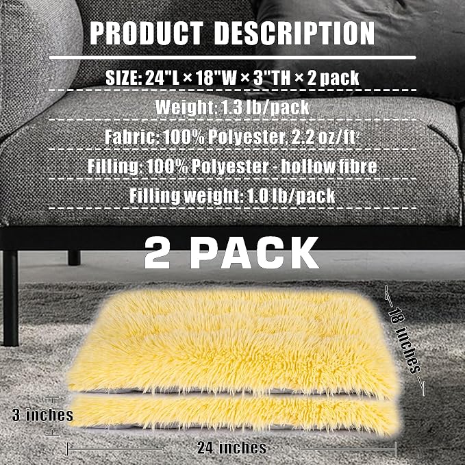 Machine Washable Dog Bed, Deluxe Plush Dog Crate Pad and Cat Bed, Anti-Slip Bottom Kennel Pad Mat, Fuzzy Pet Beds for Large, Medium, Small Dogs Breeds (Light Yellow, 24.0"L x 18.0"W x 3.0"Th x 2 PACK)