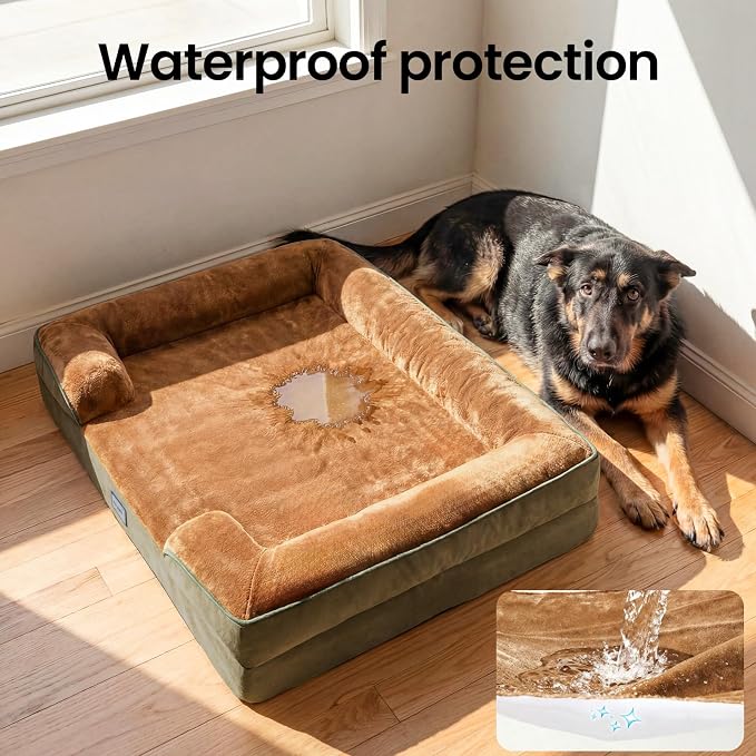 OhGeni Orthopedic Dog Bed Couch Big Cat Sofa for Extra Large Sized Pets with Memory Foam, Machine-Washable Waterproof Removable Cover, Soft Comfortable Fabric, 44-inch (Brown)