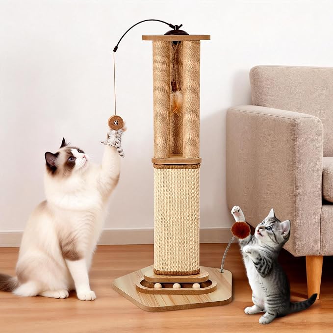 34 Inch Tall Cat Scratching Post for Large Cats, Heavy Duty Natural Sisal Cat Scratcher with Multi Interactive Toys 360° Rotating Feather Toy, Ball Track, Spring Pom for Adult Cats & Kittens