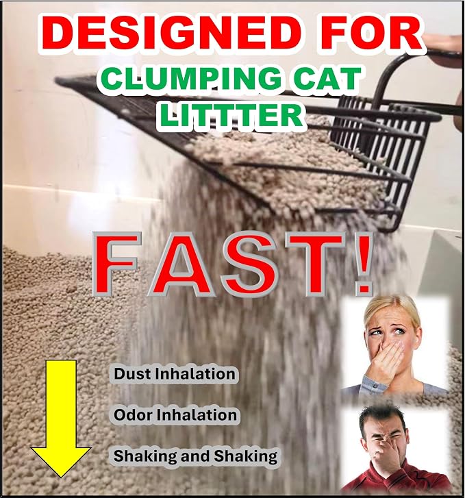 QUALIALL Metal Cat Litter Scoop, Fast Kitty Box Pooper Scooper with Holder, Deep Large Shovel, Upgraded with Flat Head and a Comfy Thumb Hole in Long Handle
