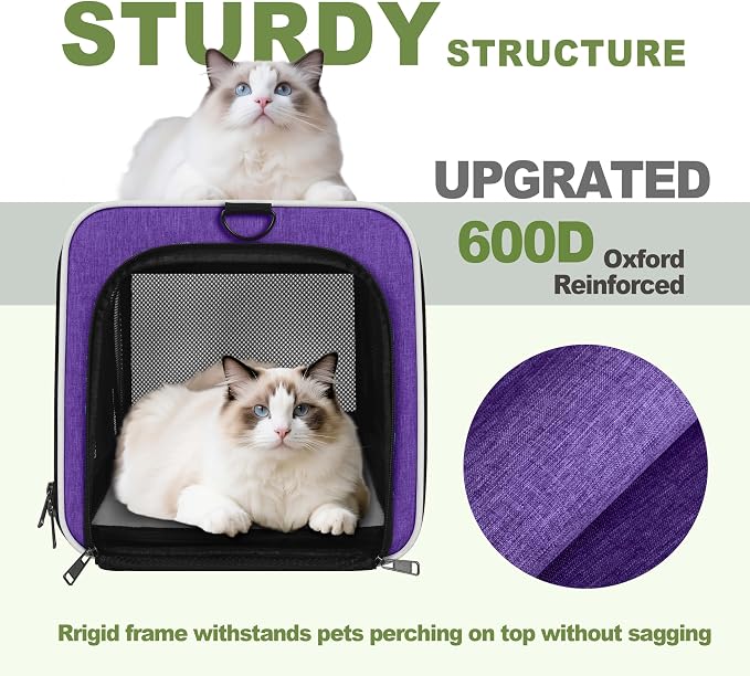 GAPZER Per Carrier for Cat 18x11x11 Inch FAA Complaint, Kitten Taxi Top Load Soft Cloth Bag, Small Animal Portable in Cabin Crate Shih Tzu Dog Kennel Carry Case, 4-Sided-Ventilated Kitty Purse Purple