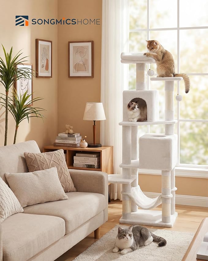 SONGMICS HOME Cat Tree for Indoor Cats, Multi-Level Cat Tower with Sisal Scratching Posts, Hammock and Condo, White