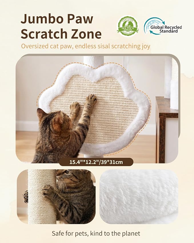Heybly Cat Tree with Litter Box Enclosure, Modern 64" Hidden Tower HCT105SR | All-in-One Solid Wood Cat Condo for Indoor Cats with Paw-Shaped Board, Multi-Level Perch & Playzone, Rustic Brown