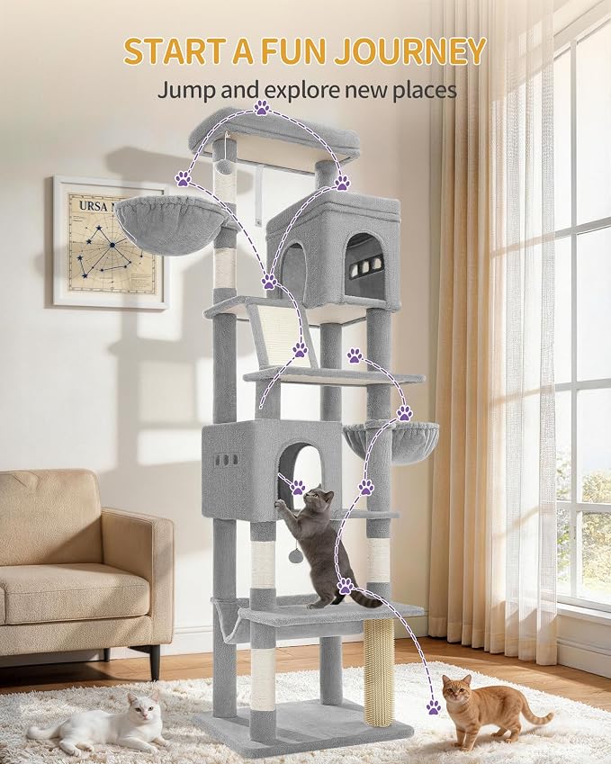 Hzuaneri Tall Cat Tree 84 Inch, Indoor Large Multi-Level Cat Tower | Cat Condo Furniture with 5 Scratching Post, 2 Hanging Basket, 2 Condo, 2 Large Platform, Pet Play House, Light Grey MS21318LG