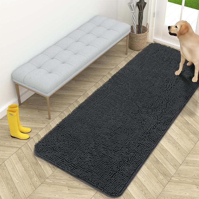 OLANLY Dog Door Mat for Muddy Paws 59x24, Super Absorbent Chenille Mud Mat | Dark Grey, Absorbs Moisture and Dirt, Non-Slip Machine Washable Doormat, Quick-Drying Indoor Entryway Floor Carpet for Dogs