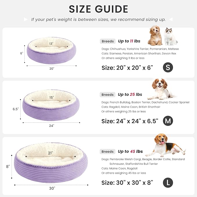 Love's cabin Round Donut Cat and Dog Cushion Bed, 24in Pet Bed for Small or Medium Dogs, Anti-Slip & Water-Resistant Bottom, Soft Durable Fabric Pet Beds, Washable Calming Cat Bed Violet