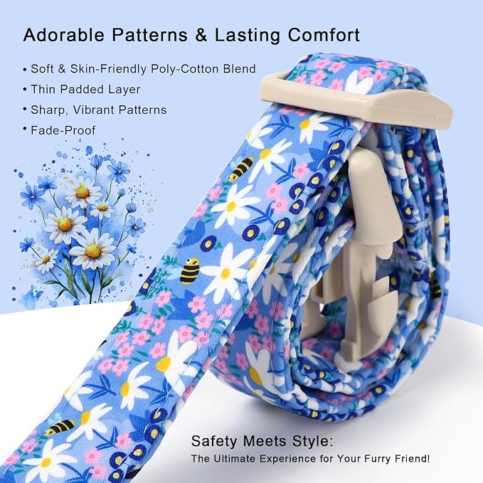 Floral Dog Collar for Medium Dogs - Cute Spring Dog Collars, Soft Lightweight Bee & Daisy Puppy Collar, Breathable Adjustable Male Female Blue Wildflowers Dogs Collars M
